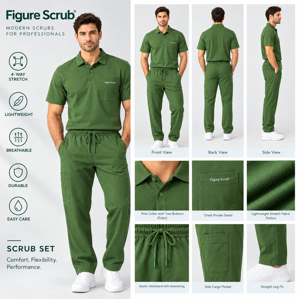 Unisex Polo Scrub - Olive Green